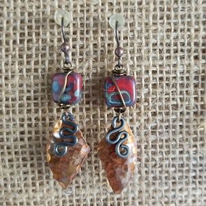 💗  Copper and Stone Beaded Dangle Pierced Earrings